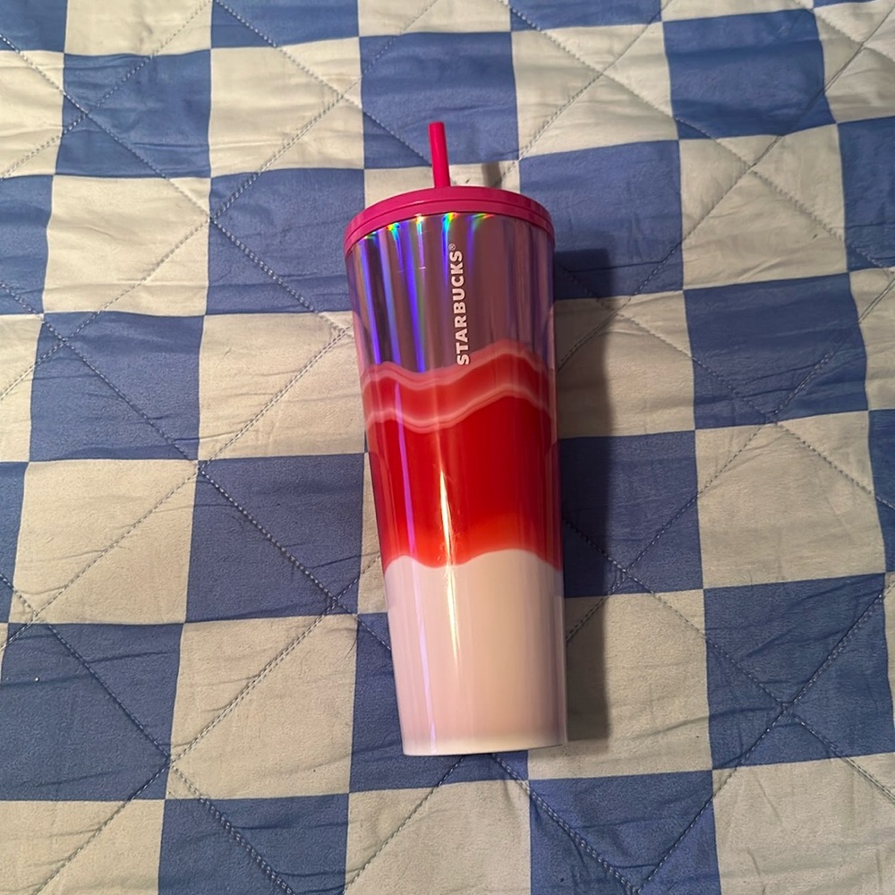 Starbucks 24 ounce pink, white, red & silver tumbler for cold drinks